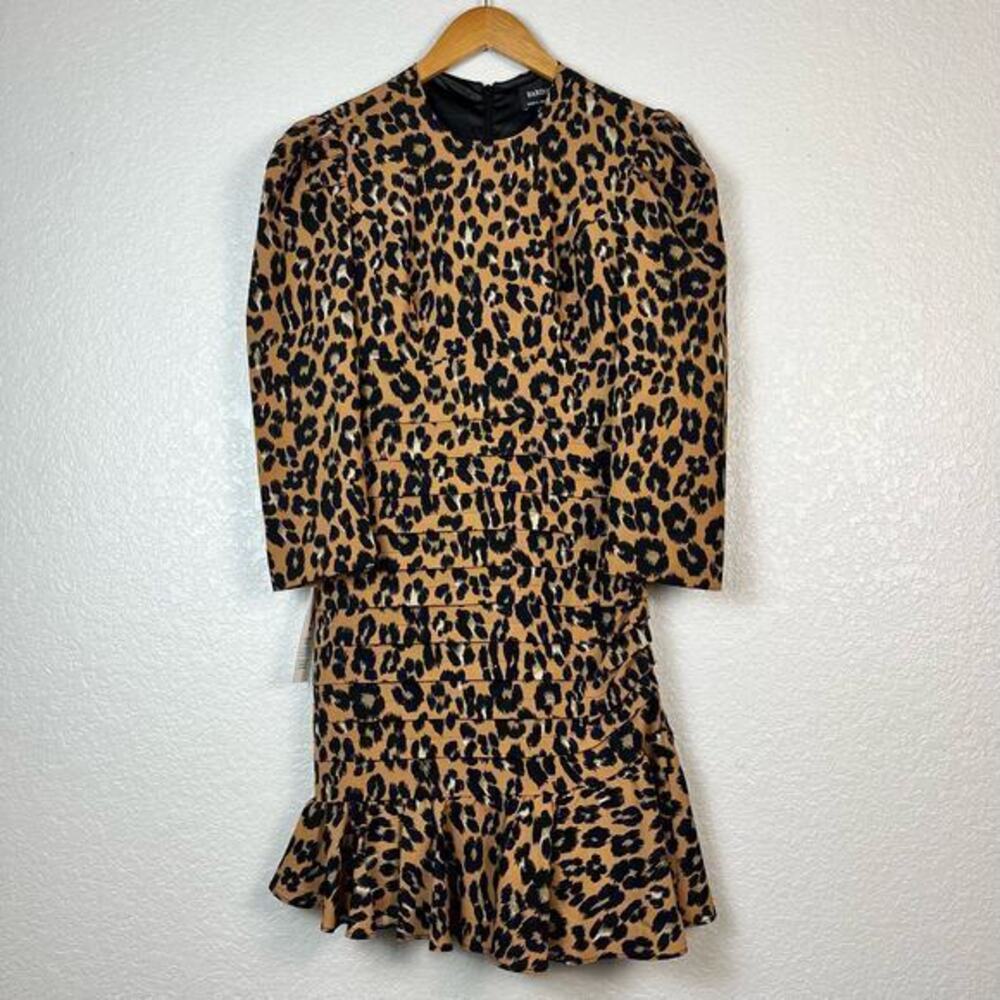 Bardot Ada Mini Dress Womens 4/XS Leopard Asymmetrical Ruffle Hem Mob Wife Siren